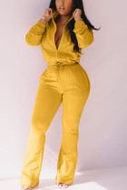 amarillo activo casual patchwork sólido con cremallera corte de bota manga larga dos piezas
