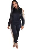 Black Casual Fashion adult HOLLOWED OUT tassel Solid Two Piece Suits pencil Long Sleeve