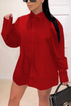 Rode Mode volwassen Engeland Mevrouw Shirt mouwen Lange Mouwen Kraag Stap Rok Knielange Print Effen Jurken: