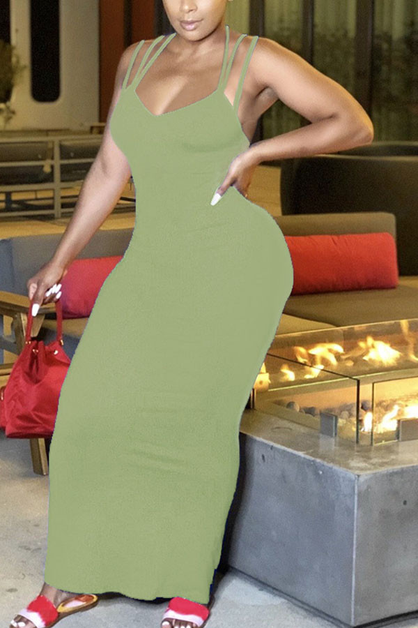 Leche Verde. Moda Casual adulto señora fuera del hombro sin mangas con cuello en V falda escalonada hasta el tobillo vestidos sin espalda sólidos