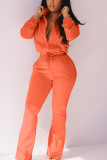 naranja activo casual patchwork sólido con cremallera corte de bota manga larga dos piezas