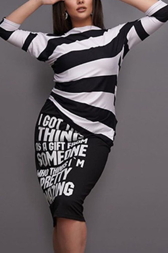 Black Fashion Casual adult Ma'am Striped Print Two Piece Suits Straight Half Sleeve Two Pieces