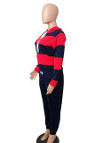Navy Blue OL Striped Patchwork Print pencil Long Sleeve Two Pieces