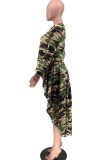 Grön Sweet Långärmad O-hals Swagger Knälångt tryck Patchwork Leopardkamouflage asymmetriska klänningar
