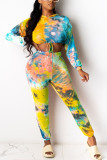Yellow Fashion Casual adult Ma'am Tie Dye Two Piece Suits pencil Long Sleeve Two Pieces
