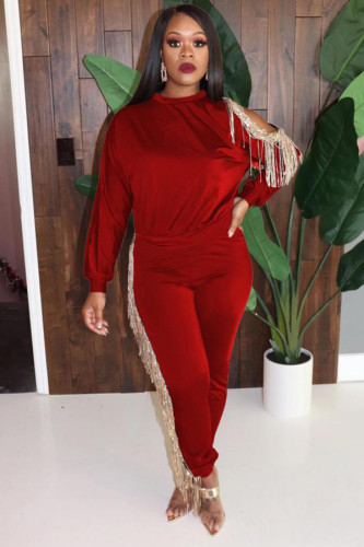 Röd Casual Fashion vuxen UTHÅLAD tofs Solid Tvådelad kostym penna Långärmad