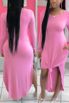 Розовые модные однотонные платья длиной до щиколотки с рукавами-крылышками и длинными рукавами в Англии для взрослых, с круглым вырезом и круглым вырезом