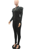 Black Active Casual Patchwork Solid pencil Puff sleeve Two Pieces