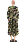 Grön Sweet Långärmad O-hals Swagger Knälångt tryck Patchwork Leopardkamouflage asymmetriska klänningar