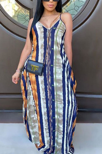 Blue Casual OL Spaghetti Strap Sleeveless V Neck Swagger Floor-Length Print Dresses