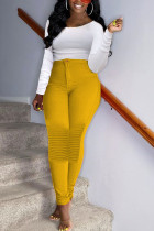 Yellow OL Patchwork Solid Draped Straight Long Sleeve Two Pieces
