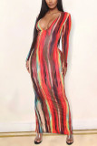 Многоцветная сексуальная юбка с длинными рукавами и круглым вырезом, полосатые платья с принтом до щиколотки