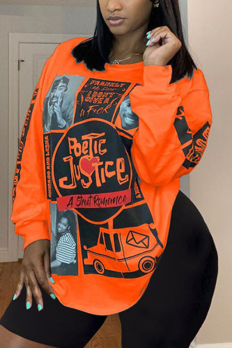 Orange Casual Print Straight Long Sleeve Two Pieces