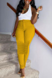 Yellow venetian Button Fly Mid Solid Draped Straight Pants Bottoms