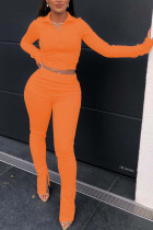 オレンジファッションカジュアル大人Ma'amソリッドツーピーススーツストレート長袖ツーピース