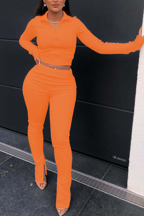 Arancione Moda Casual per adulti Signora Solido Abiti a due pezzi Dritto Manica lunga Due pezzi