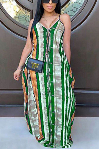 Green Casual OL Spaghetti Strap Sleeveless V Neck Swagger Floor-Length Print Dresses