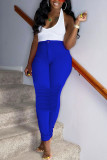 Blue venetian Button Fly Mid Solid Draped Straight Pants Bottoms