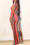 Многоцветная сексуальная юбка с длинными рукавами и круглым вырезом, полосатые платья с принтом до щиколотки