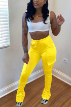 Pantalon coupe botte drapé à poche solide jaune avec cordon de serrage