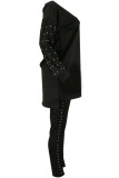 Black Sexy Solid Two Piece Suits Patchwork Beading pencil Long Sleeve Two-piece Pants Set