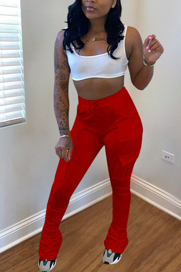 

Red Drawstring High Solid Pocket Draped Boot Cut Pants Bottoms