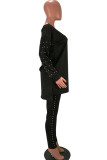 Black Sexy Solid Two Piece Suits Patchwork Beading pencil Long Sleeve Two-piece Pants Set