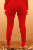 Red knit Elastic Fly High Print Solid Split Draped pencil Pants Bottoms