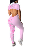 Roze Mode Sexy Print Backless Melk. Jumpsuits met lange mouwen en capuchon