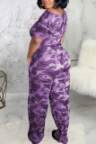 lila Mode Sexig Kamouflage nylon Kortärmad en axelkrage Jumpsuits