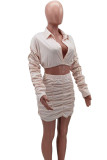 Black Fashion Sexy adult Ma'am Solid Draped Two Piece Suits A-line skirt Long Sleeve Two Pieces