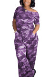 violet mode sexy camouflage nylon manches courtes une épaule col combinaisons