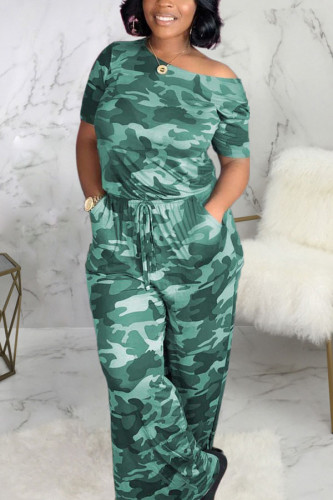 Green Fashion Sexy Camouflage nylon korte mouw jumpsuits met één schouderkraag