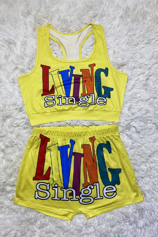 

Yellow Sexy Print Straight Sleeveless Two Pieces