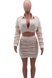 Khaki Fashion Sexy adult Ma'am Solid Draped Two Piece Suits A-line skirt Long Sleeve Two Pieces