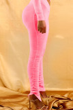 Pink knit Elastic Fly High Print Solid Split Draped pencil Pants Bottoms