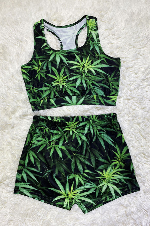 Green Sexy Letter Print Straight Sleeveless Two Pieces Tank Crop Tops And Shorts Set Tracksuit