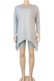 Grey Sexy Patchwork Solid asymmetrical Straight Short Sleeve Two Pieces