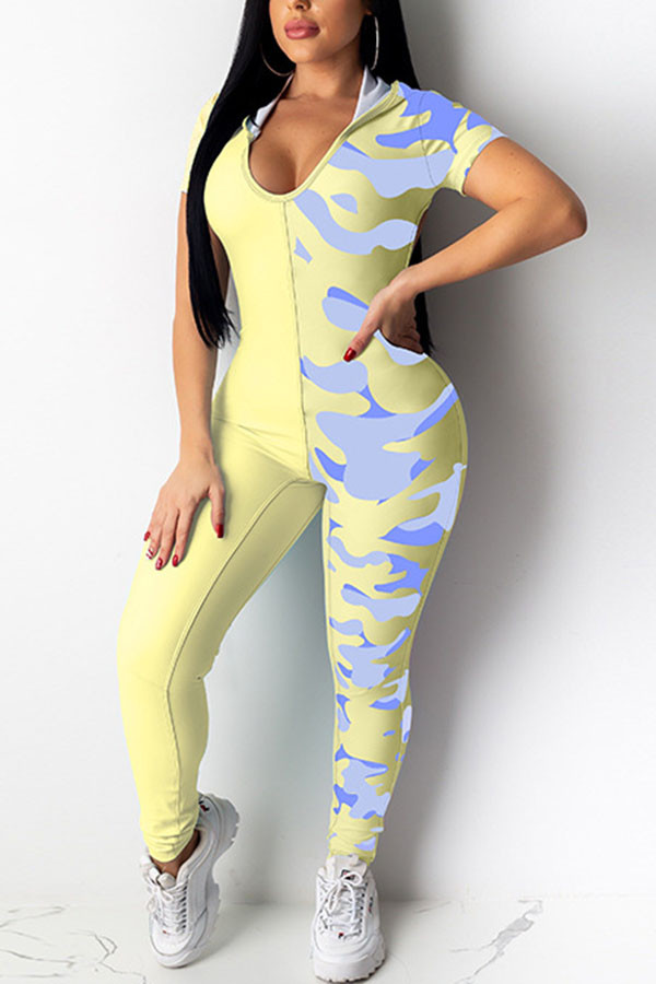 Gele Mode Sexy Print Backless Melk. Jumpsuits met lange mouwen en capuchon