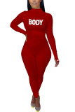 Red Fashion Sexy letter Milk. Long Sleeve O Neck Jumpsuits