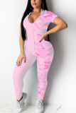 Pink Fashion Sexy Print Backless Milch. Langarm-Overalls mit Kapuze