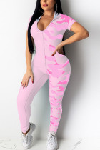 Pink Fashion Sexy Print Backless Milk. Long Sleeve Hooded Jumpsuits