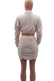 Pink Fashion Sexy adult Ma'am Solid Draped Two Piece Suits A-line skirt Long Sleeve Two Pieces