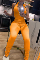 Оранжевый сексуальный уличный однотонный драпированный комбинезон без рукавов с отложным воротником