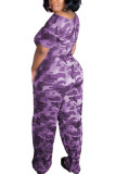 фиолетовый модный сексуальный камуфляжный нейлоновый комбинезон с коротким рукавом на одно плечо и воротником