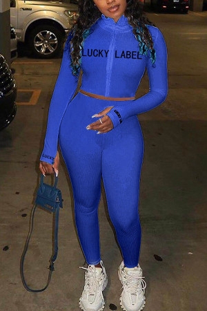 Blue Fashion Sexy adult Ma'am Letter Solid Two Piece Suits pencil Long Sleeve Two Pieces