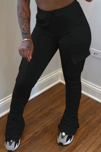 Black venetian Elastic Fly Mid Solid Pocket pencil Pants Bottoms