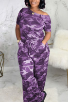lila Mode Sexig Kamouflage nylon Kortärmad en axelkrage Jumpsuits