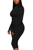 Black Fashion Active adult Ma'am Solid Two Piece Suits pencil Long Sleeve Two Pieces