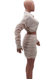 Khaki Mode Sexig vuxen fru Solid draperad tvådelad kostym A-linje kjol långärmad tvådelad